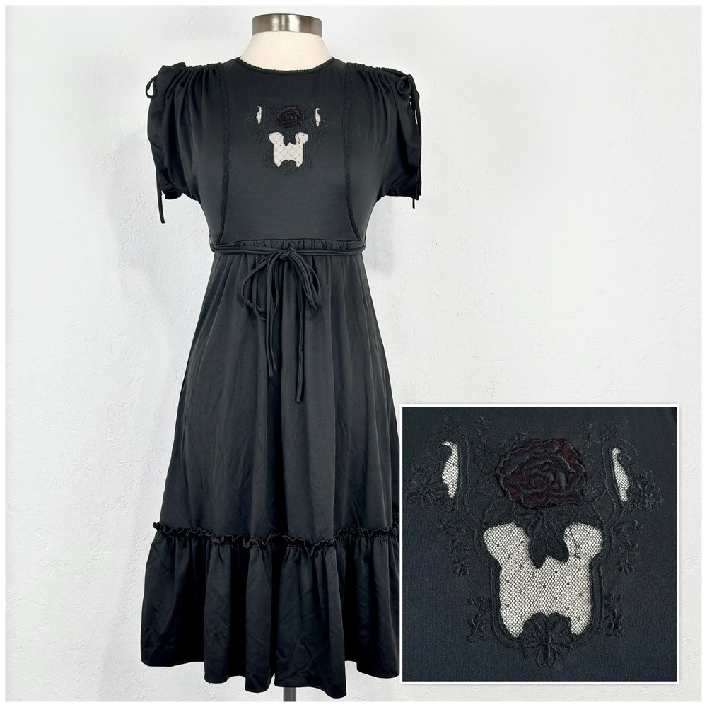 Romantic Goth Witchy Dress Size Small Black Mesh Cut Out Ruffle Hem Embroidered